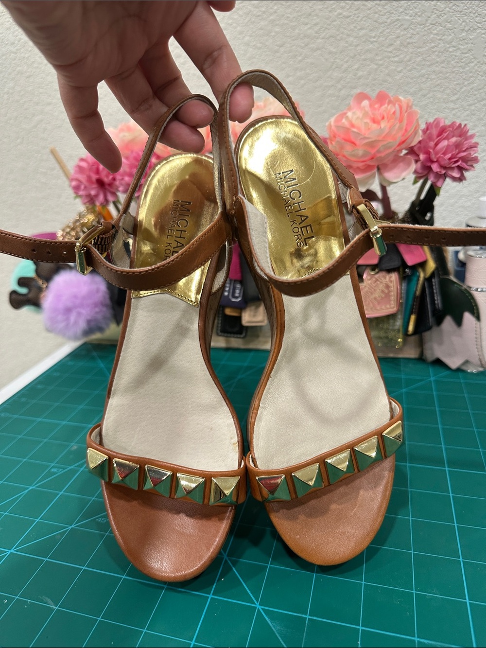Michael Kors Tan Leather Studded Open-Toe Slingback Platform Sandals